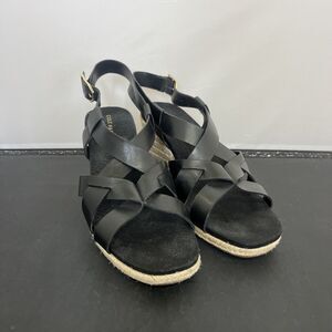 Cole Haan Crystal Womens Size 9.5B Shoes Black Leather Wedge Espadrille Sandals